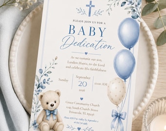 Baby Dedication Invitation Template Boy | Blue Teddy Bear Church Dedication Invite | Christian Baby Blessing | Editable Canva Template