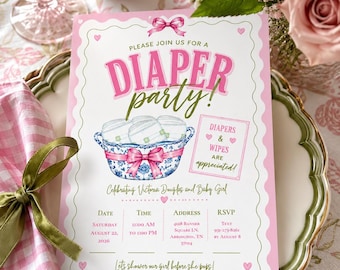 Pink Diaper Party Invitation Template | Girl Baby Shower Diaper Invite | Printable Canva Baby Sprinkle Invitation | Editable Pink & Green