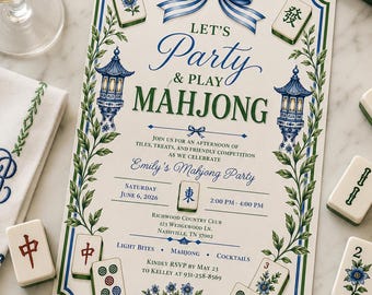 Blue Green Mahjong Party Invitation, Chinoiserie Floral Watercolor Tiles (Digital Download)