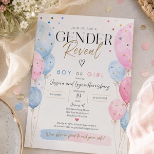 Puede incluir: Una tarjeta de invitación rectangular para revelación de género con ilustraciones en acuarela de globos azules y rosas y confeti dorado. El texto dice: JOIN US FOR A GENDER REVEAL, BOY OR GIRL, honoring Jessica and Logan Harrisburg, Saturday September 19 2026 at 5:00 PM, The Harrisburg Home 1245 East Main Street Franklin, TN 37064, RSVP to Gina by September 1 615-946-4825 or ginasmith@gmail.com, Wear blue or pink to cast your vote!