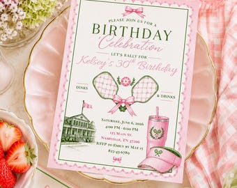 Pickleball Birthday Invitation Template | Pink Green Country Club Dinks & Drinks (Digital Download)