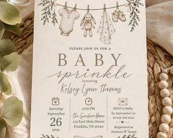 May include: A cream-colored baby sprinkle invitation card featuring a clothesline illustration with a onesie, a stuffed bunny, a blanket, and baby shoes. The text reads: Please join us for a baby sprinkle honoring Kelsey Lynn Thomas, Saturday September 26 2026, 2:00 PM, The Gardner Home, 124 East Main Street, Franklin, TN 37064, RSVP to Kelly by September 10 at 615-394-2341, Registered at Amazon & Target.