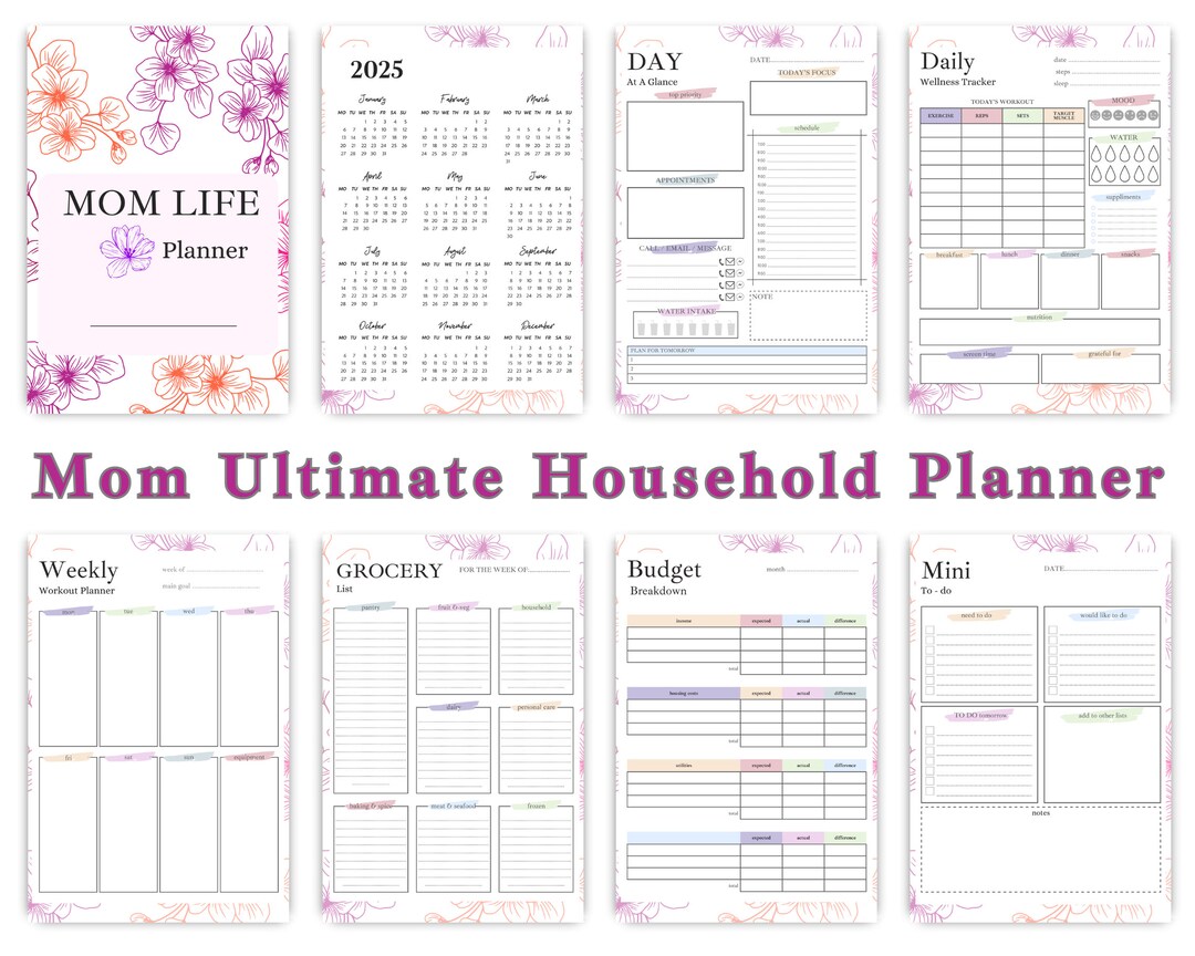 Floral Outline Complete Household Planner, Printable Household Planner ...