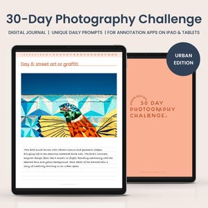 May include: A digital journal for a 30-day photography challenge with a focus on urban environments. The cover features a colorful bird mural with geometric shapes and a blue and yellow background. The text on the cover reads "30 Day Photography Challenge. Urban Edition."