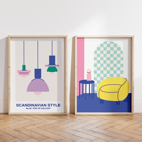 Scandinavian Style Modern Wall Art | Digital Download | Colourful Wall Art | Set of 2 | Living Room Print