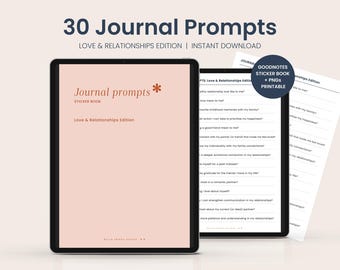 30 Prompts de Diário | Edição Amor e Relacionamentos | Adesivos Digitais | Para Imprimir | Adesivos Goodnotes | PNGs de Adesivos | Download Instantâneo