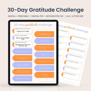 Desafío de gratitud de 30 días / Indicaciones diarias / Descarga digital / Archivo Goodnotes / Imprimible en tamaño A4 y carta / Archivo digital para notabilidad