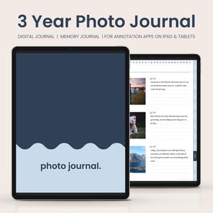 May include: A digital photo journal template for iPad and tablets. The template is displayed on a tablet screen with a blue background and the text "photo journal." The tablet screen is showing a sample page with photos and text.