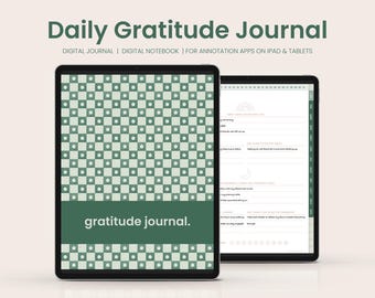 May include: A digital journal template for iPad and tablets. The cover features a green and white checkered pattern with the text "gratitude journal." The interior page is a blank template for daily gratitude journaling.