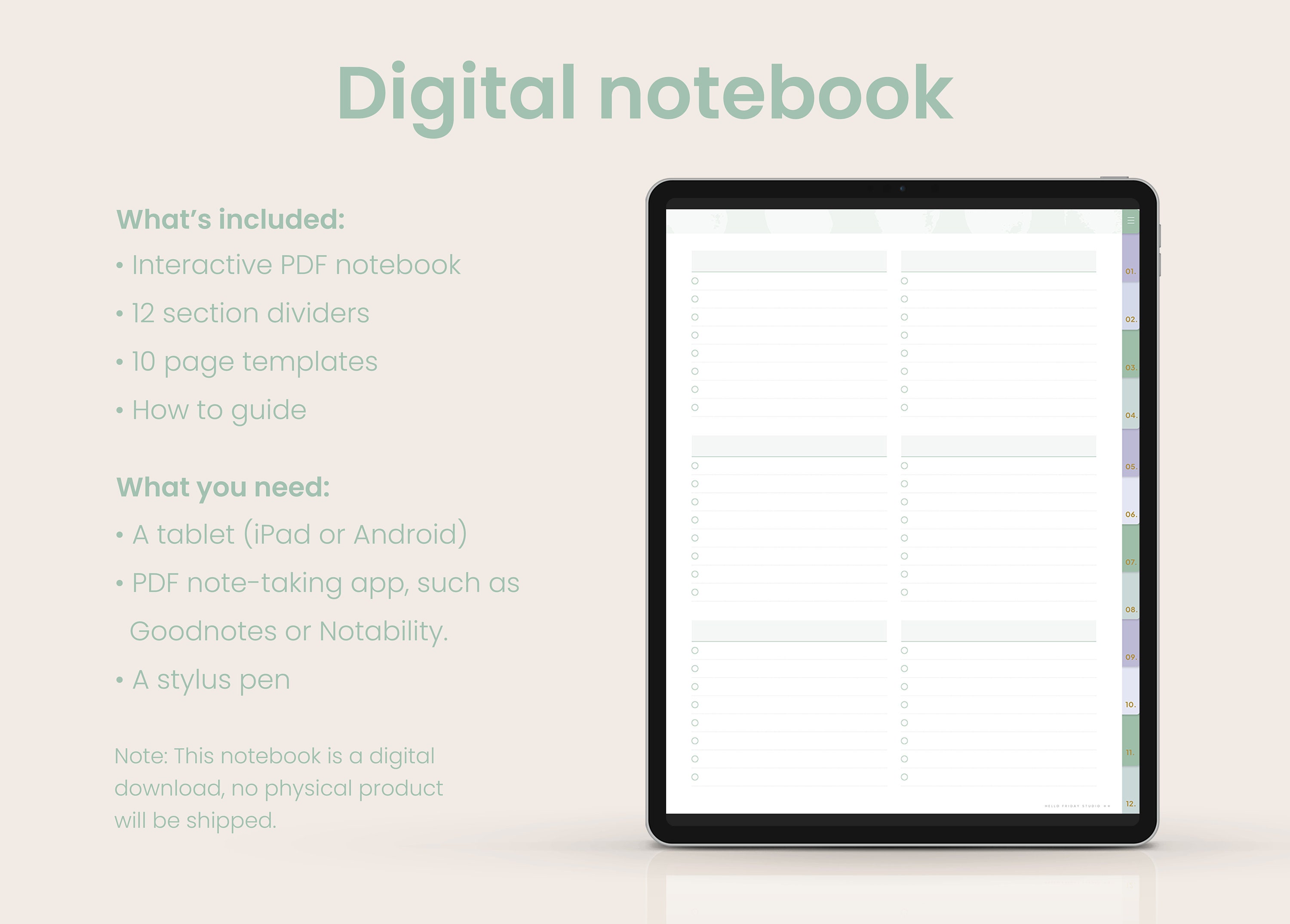 12-tab Digital Notebook for Goodnotes and Notability | Digital Notes ...