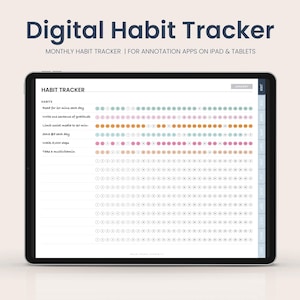 Könnte beinhalten: Ein digitaler Gewohnheitstracker zur Verwendung mit Anmerkungs-Apps auf iPads und Tablets. Der Tracker enthält eine Liste von Gewohnheiten, darunter "Täglich 30 Minuten lesen" und "Soziale Medien auf 30 Minuten beschränken", mit einem Raster von Kreisen für jeden Tag des Monats, um den Fortschritt zu verfolgen.