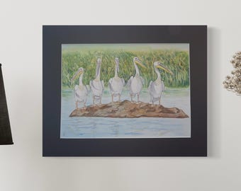 5 Pelicanos. Arte original em aquarela para colecionadores. Pronta para emoldurar, passe-partout de 40 x 50 cm. Ideal para casa de praia!