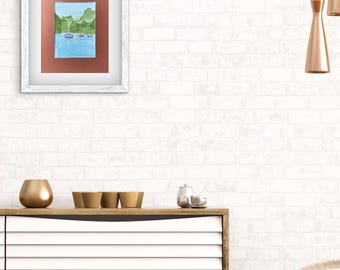 Pintura original em aquarela da Baía de Halong – Paisagem marítima com montanhas e barcos de pesca.