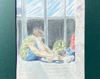 Pintura figurativa original em aquarela – Cena de humanidade tranquila, arte narrativa social