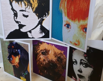 5 greetings cards of handwoven tapestry portraits