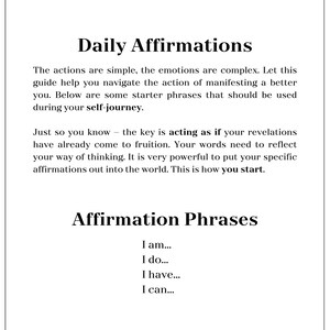 May include: A black and white printable worksheet with the title "Daily Affirmations". The worksheet includes a section with the title "Affirmation Phrases" and a list of phrases that start with "I am...", "I do...", "I have...", and "I can..."