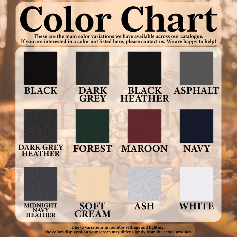 May include: A colour chart showcasing fabric shades such as black, dark grey, forest green, maroon, navy, and white. Text states, "These are the main colour variations we have available across our catalogue."