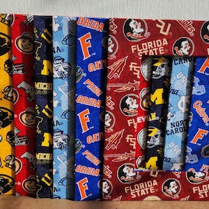 Op de afbeelding: Een decoratief frame met patronen van verschillende universiteitsteams. Het frame bevat stoffen met logo's en mascottes van teams zoals Florida State, Michigan en North Carolina. Het frame is rechthoekig met een kleinere rechthoekige opening.