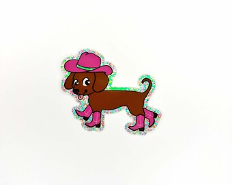 Cowgirl Wiener Doggie 2.5x2.5 Glitter Sticker