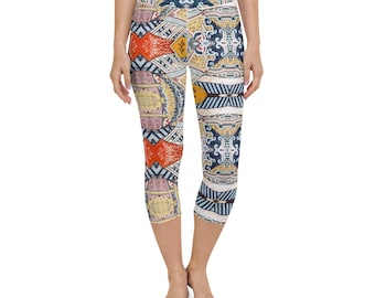 Capri Length Yoga Leggings, Bangkok Print, Abstract Print, Soft, Comfy, Artisan Designed, Unique, Gift for Her, Gift for Mom, Size XS to XL