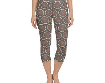 Capri Yoga Leggings, Circle Mandala Print, Geometric, Artisan Designed, Unique, Comfy, Soft, Stretch, Gift for Her, Gift for Mom, XS to XL