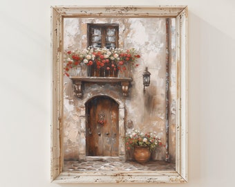 Può includere: Un dipinto che raffigura un edificio con una porta e un balcone adornato con fiori rossi e bianchi. L'edificio è dipinto in tonalità beige e marrone. La porta è in legno e ha una maniglia in metallo. Il balcone è in pietra e ha una ringhiera in ferro battuto. I fiori sono in piena fioritura e si riversano oltre il bordo del balcone.