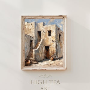 May include: A painting of a white building with a staircase leading up to a doorway. The building is painted in a realistic style with a textured brushstroke. The painting is framed in a white frame with a distressed finish.