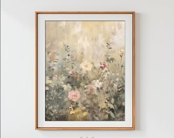 Pintura al óleo botánica de flores silvestres imprimible, impresión de arte digital, pastel neutro, vintage, prado, decoración del hogar, primavera floral / #HTA_087