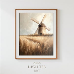 Printable countryside landscape oil painting digital art print rustic charm farmhouse vintage neutral muted grain windmill mill | #HTA_092