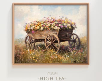 Vintage Wagon Flowers Oil Painting Digital Download Art Printable Spring Botanical Colorful Wildflowers Bloom Field Print | #HTA_330