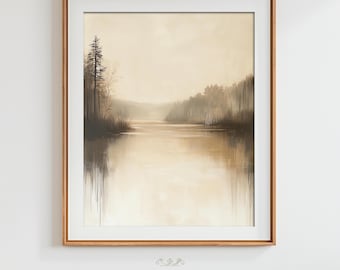 Minimalist Vintage Country Lakeside Oil Painting Digital Download Art Print Printable Neutral Muted Beige Serene Farmhouse Lake | #HTA_215