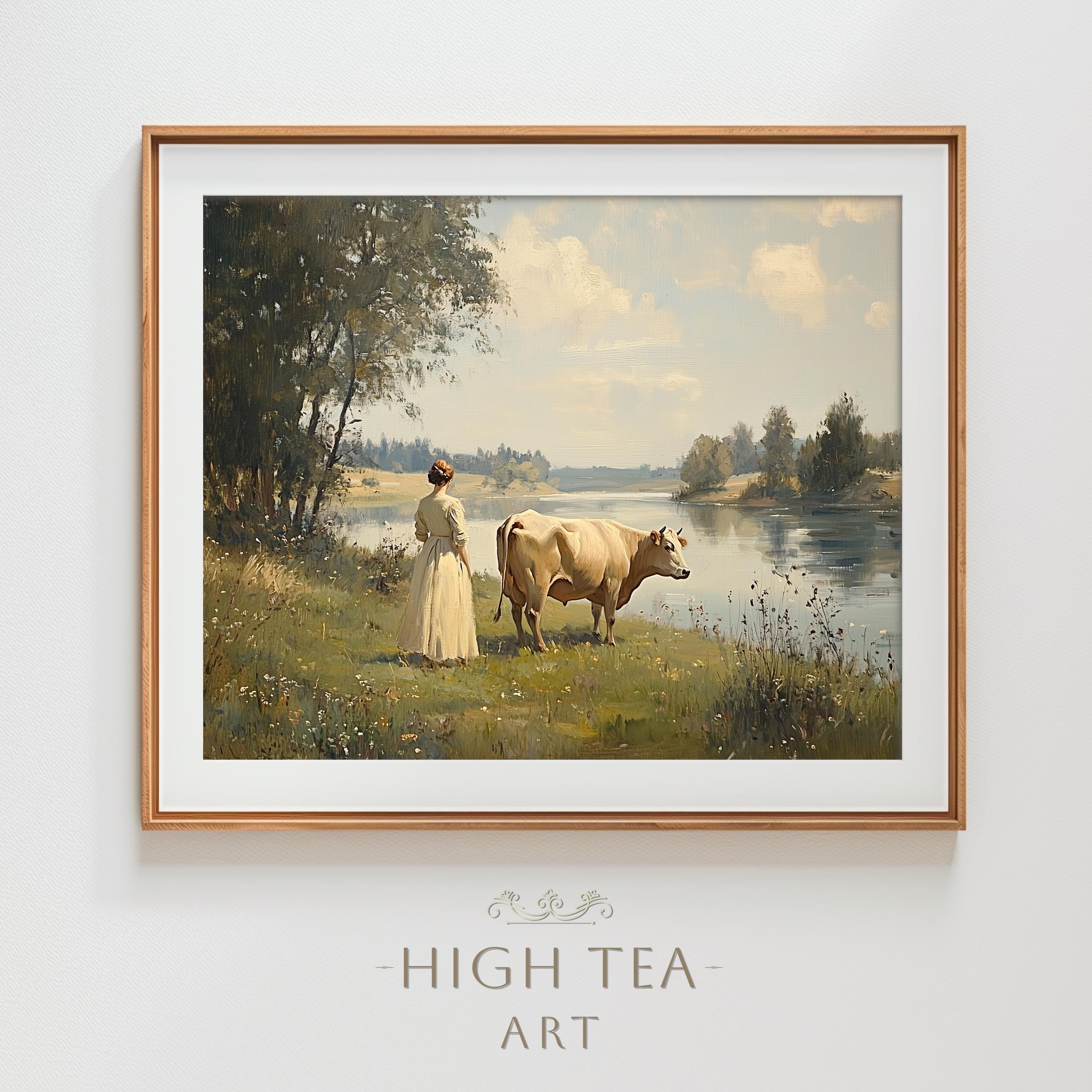ヴィンテージ牛の田園風景油絵 デジタルダウンロード アートプリント