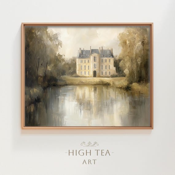 Vintage French Chateau Oil Painting Muted Countryside Landscape Manor Print Peaceful Pond Printable Art Digital Art Lake Decor | #HTA_138