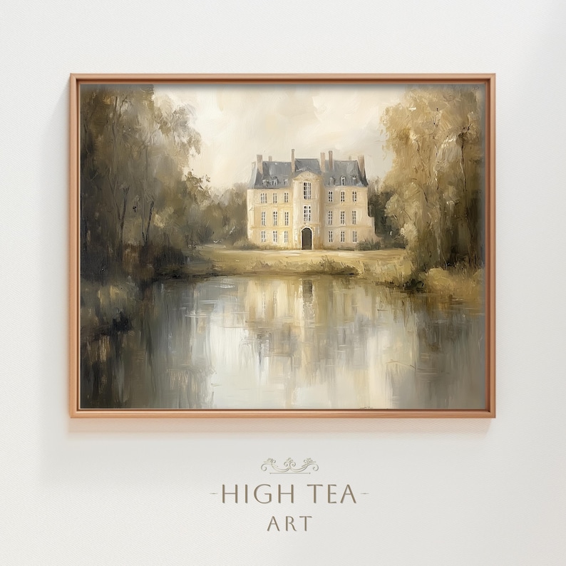 May include: A painting of a large, white stone building with a reflection in a lake. The building has a symmetrical design with many windows and a central entrance. The lake is surrounded by trees and the sky is a soft, light blue.