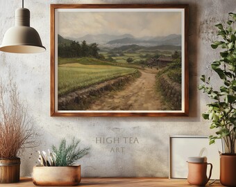 日本の田舎の風景、田園風景、油絵、デジタルダウンロード、アート