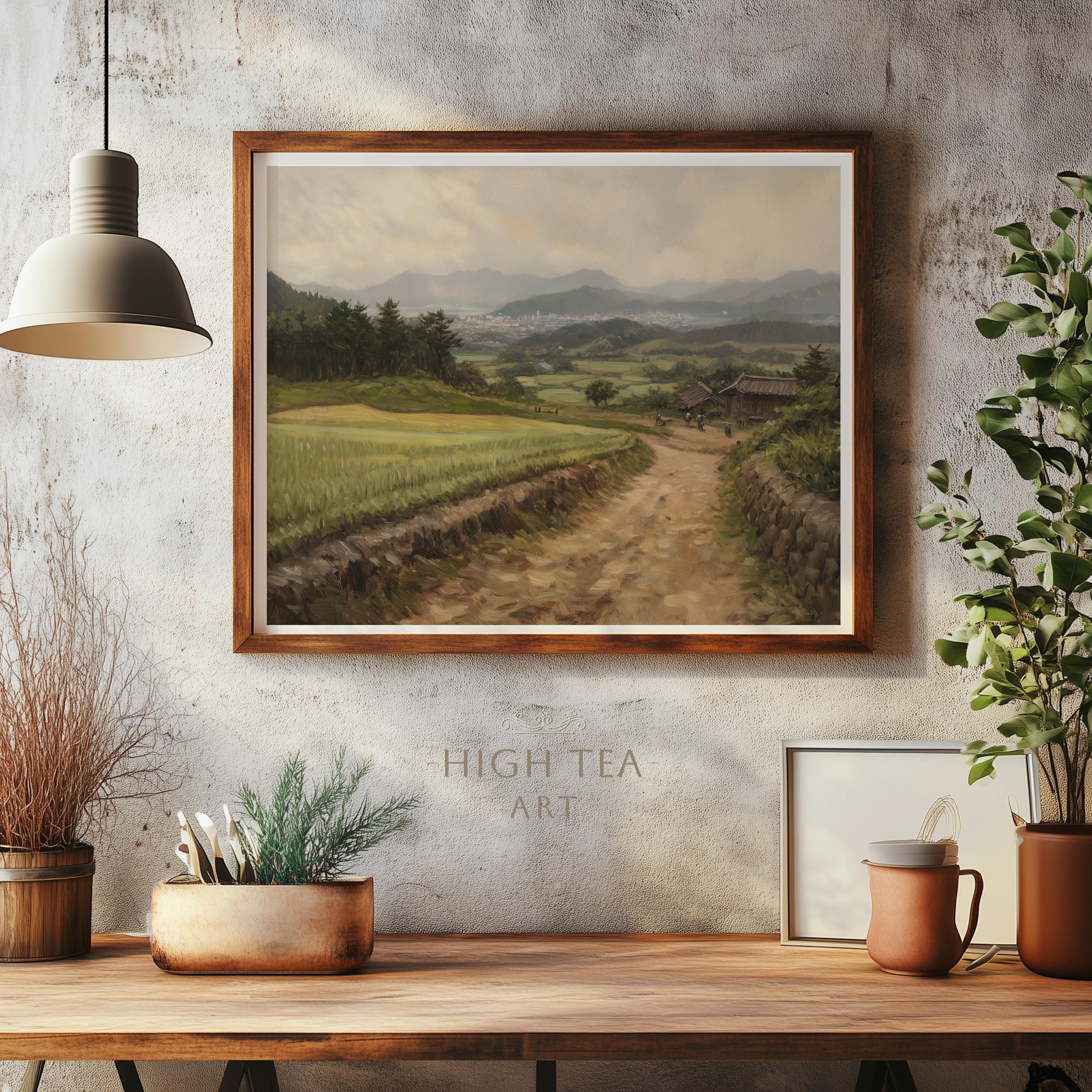 日本の田舎の風景、田園風景、油絵、デジタルダウンロード、アート