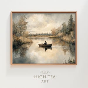 Stimmungsvolle Vintage See Fischerboot Ölgemälde digitaler Download Druck druckbare Seeufer Mann Fischer Ruderboot Kunst | #HTA_173