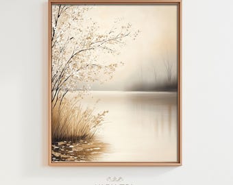 Vintage meer olieverfschilderij digitale download Art Print afdrukbare serene neutrale bomen aan het meer beige tinten natuur muur decor | #HTA_326