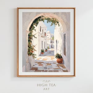 May include: A painting of a white, narrow alleyway with an arched entrance. The alleyway is lined with white buildings and potted plants. The painting is done in a loose, impressionistic style.
