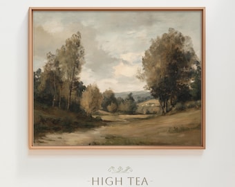 Vintage Moody Country Landscape Oil Painting Digital Download Art Print Printable Countryside Trees Muted Neutral Wall Decor | #HTA_440