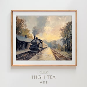 May include: A vintage steam locomotive train pulls out of a station, with a cloudy sky and a golden sunset in the background. The train is on a track with a wooden platform and trees on either side.
