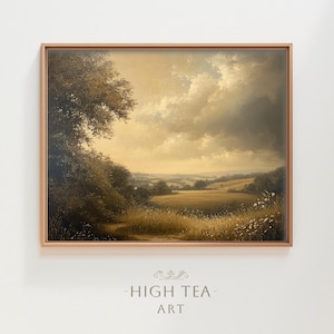 Vintage Moody Country Landscape Oil Painting Digital Download Art Printable Neutral Countryside Rolling Hills Trees Print | #HTA_332