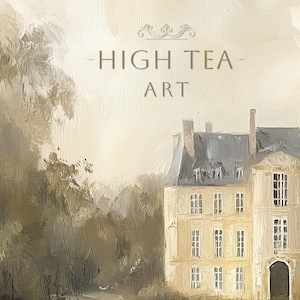 May include: A painting of a light beige building with a gray roof and many windows. The building is surrounded by trees and the sky is a light gray color. The text "HIGH TEA ART" is written in brown letters at the top of the image.