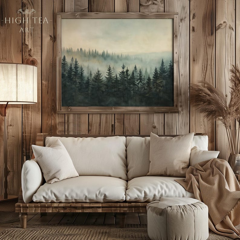 Printable Pine Forest Evergreen Landscape Oil Painting Digital Art ...