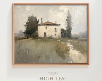 Vintage Rustic Farmhouse Countryside Landscape Oil Painting Digital Download Art Print Printable Neutral Muted Rustic Charm | #HTA_210