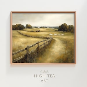 May include: A painting of a rural landscape with a wooden fence, a dirt path, and white cows in a field. The sky is cloudy and the colors are muted.