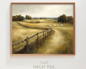 Vintage Country Landscape Oil Painting Digital Art Print Farmhouse Cottage Core Printable Cattle Farm Muted Neutral Countryside | #HTA_155