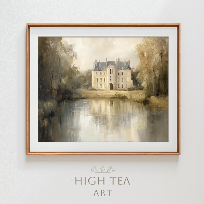 May include: A painting of a large, white stone building with a reflection in the water in front of it. The building has a symmetrical design with many windows and a central entrance. The building is surrounded by trees and greenery. The painting is framed in a light wood frame.