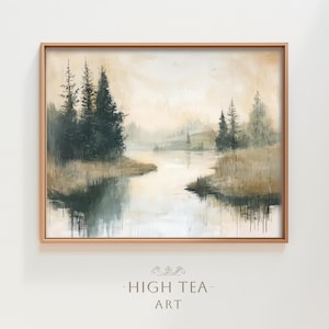 May include: A painting depicting a misty forest scene with a lake in the foreground. The trees are dark green and the water is a light blue. The sky is a soft white with hints of pink and orange.