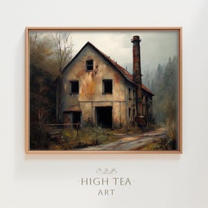 以下が含まれることがあります： 高い煙突のある廃墟の建物を描いた絵画。建物はレンガ造りで、風化した灰色の外壁。煙突はさび付いていて、上部に大きな開口部がある。建物は木々や茂みに囲まれている。絵画は写実的なスタイルで描かれており、暗く陰鬱な雰囲気を醸し出している。